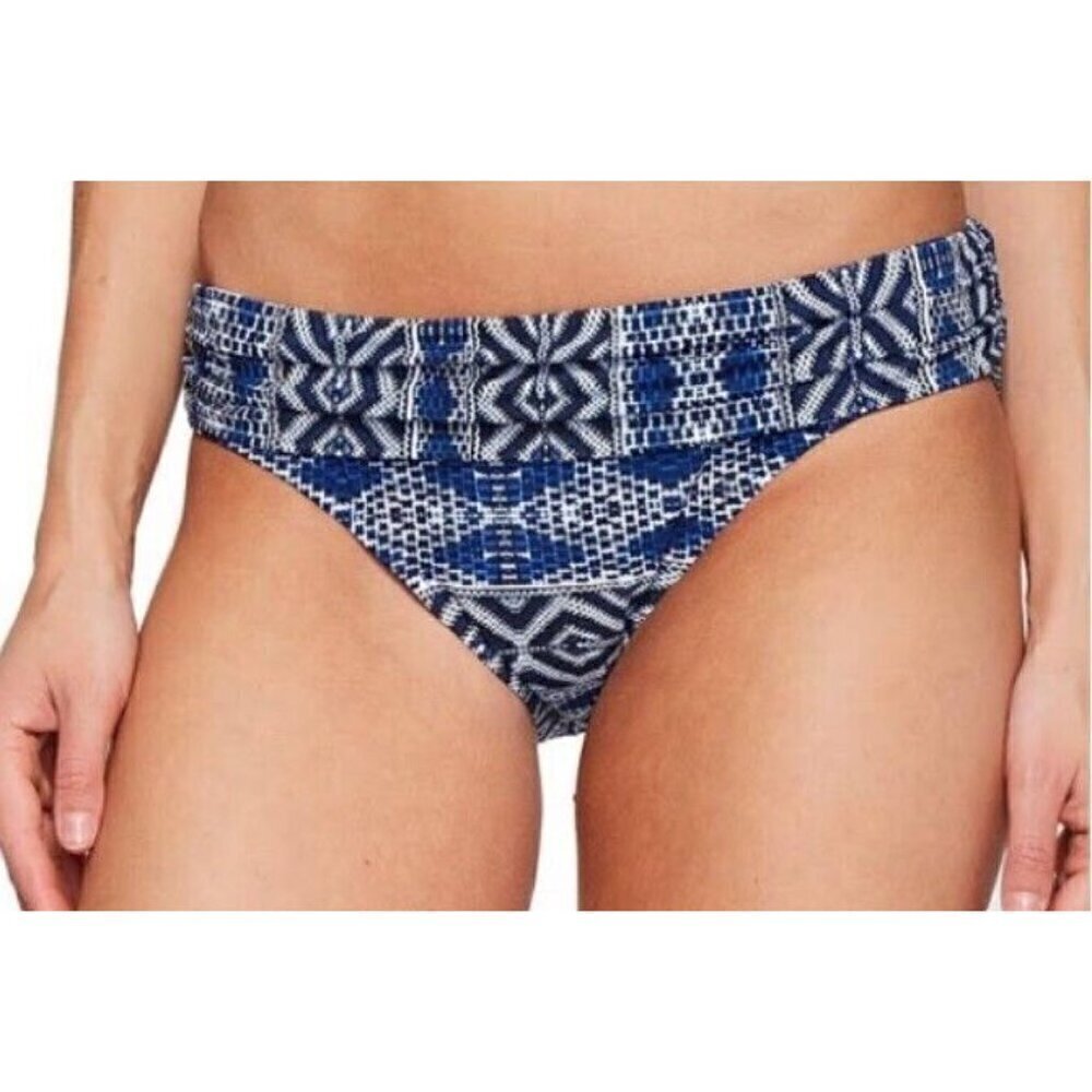 New La Blanca Indigo Print Shirred Hipster Bikini Bottom Womens 12 Blue White